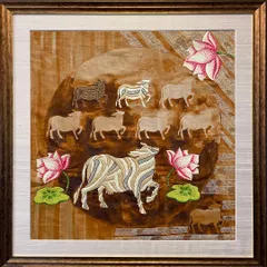 The "Gauri Series" is a journey of devotion, taking five months from concept to completion. This framed piece, hand-embroidered on linen, is a contemporary take on a traditional Pichwai, celebrating the sacred cows of India.