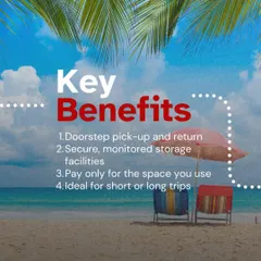 The key benefits of using my service for your trips include doorstep pickup, secure storage, paying only for the space you use, and plans ideal for both short and long trips.