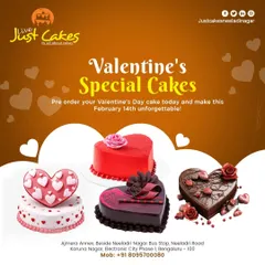 A promotional graphic for our Valentine's Special cakes, featuring a variety of heart-shaped options.