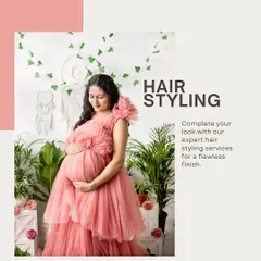 To complete your look, we also provide expert hair styling services. A flawless hairstyle adds the perfect finishing touch to your maternity portraits, making you feel polished and beautiful.