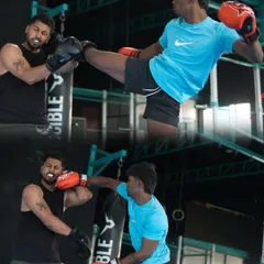 A collage showing a dynamic sparring exchange between a coach and a student. You can see a high kick being blocked and a counter punch being thrown, illustrating the chess match that is MMA striking.