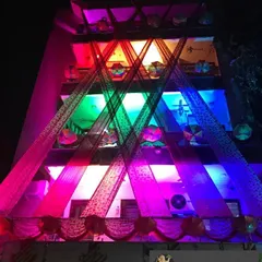 This house is lit up for a wedding with multi-colored lights and criss-cross drapes. I can light up your home in any color scheme to match your wedding theme.