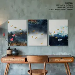 Elevate your study or office with this abstract triptych of golden birds against a watercolor sky. This set of three stretched canvas prints adds a touch of elegance and movement, creating a sophisticated and inspiring focal point above a desk.