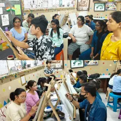 Students practicing their portrait skills during a pencil shading workshop. We provide easels and a studio-like environment for an authentic learning experience.