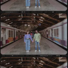 Finding a quiet moment between two rushing local trains. This shot captures the unique romance of Mumbai's lifeline, a perfect pre-wedding photo for a true Mumbaikar couple.
