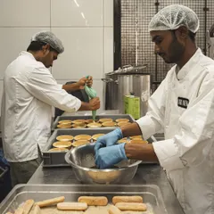 Behind the scenes with our dessert team. Here they are, carefully assembling our Tiramisu and Banoffee Pie desserts in our central kitchen.