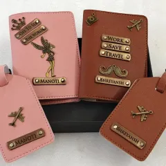 This matching travel set is perfect for couples who love to explore the world together. It includes two personalized passport covers and matching luggage tags in pink and brown vegan leather, each with custom names and charms.