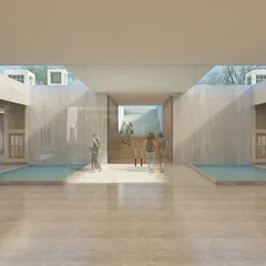 This rendering shows how light and water are used to define spaces within the interpretation centre. The design aims for a modesty of scale that complements, rather than competes with, the grandeur of the nearby monuments.
