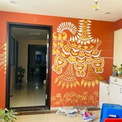 Another angle of the mural in progress. I love the process of seeing the patterns that were in my head slowly come to life on a large canvas like this wall.