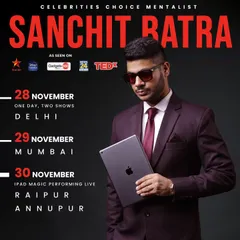 A promotional graphic for back-to-back shows in Delhi, Mumbai, and Raipur. It's always showtime.