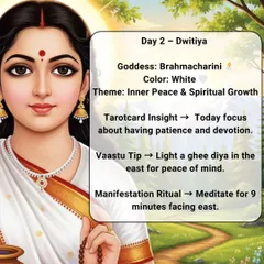 Day 2 is for Goddess Brahmacharini, symbolizing inner peace and spiritual growth. The color is White. To align with this energy, I suggest lighting a ghee diya in the east for peace of mind and meditating for nine minutes facing east.