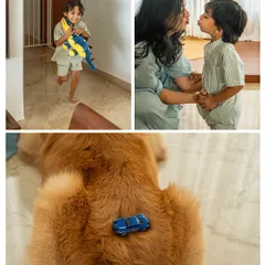 A collage of pure childhood joy. Sumer runs with his toy dinosaur, shares a sweet kiss with his mom, and even uses his furry friend Ziggy as a parking spot for his toy car. It's these quirky, everyday moments that tell the real story.