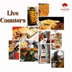 A collage showcasing the energy and variety of our live counters. From frying mozzarella sticks and jalebis to assembling fresh pasta and chaat, we bring the kitchen action to your party.