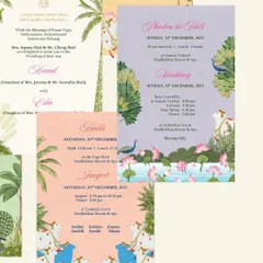 A collage of event cards, including the Haldi and Sangeet invitations. The designs use a mix of vibrant colors and traditional motifs like peacocks and lotus ponds to represent the different celebrations.
