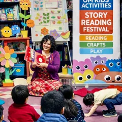 Story time is a magical experience here. In this photo from our Story Reading Festival, you can see me sharing a story with a group of curious little minds. We don't just read; we experience stories through crafts and play to build listening skills, creativity, and a lifelong love for reading.