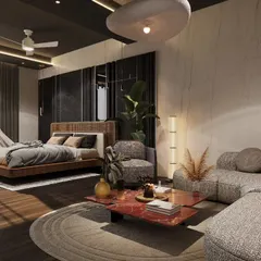 This bespoke master bedroom is a study in modern luxury, featuring a floating wooden bed frame, a plush seating area, and direct access to a private balcony. The dark accent wall and ceiling create an intimate, cozy atmosphere, balanced by the natural light flooding the room.