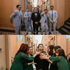 A collage showing the groom having fun with both his groomsmen and the bridesmaids, capturing the playful energy of the wedding party.