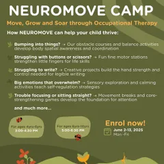 The "Neuromove Camp" is an Occupational Therapy-based program to help children thrive. This flyer outlines how we support everything from spatial awareness to fine motor skills through fun, movement-based games and creative projects.