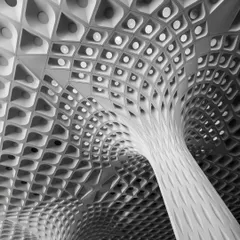 The stunning, futuristic ceiling of the Mumbai airport is transformed into an abstract pattern of light and shadow. The monochrome treatment highlights its complex geometry and flowing lines.