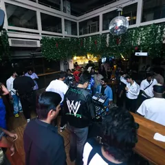 A wide shot of the dancefloor during Boombox Wednesdays at Raasta Bombay. It's all about creating a space where people can let loose.