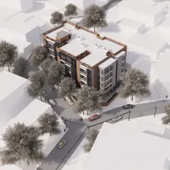 This 3D model of ARCUS shows its relationship with the surrounding low-rise buildings and tree canopy. The model was a crucial tool for us to study sightlines and ensure the building fit harmoniously into its context.