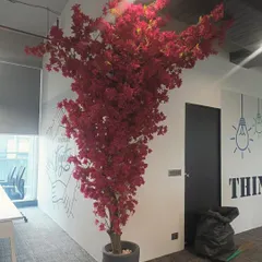 A tall, crimson-leafed artificial tree adds a dramatic corner accent to this creative office space. The color contrasts beautifully with the monochrome wall art.