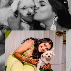 A heartwarming black and white and color collage of the bride sharing a kiss and a cuddle with her adorable pet dog during her Mehendi.