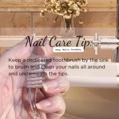 A simple but effective nail care tip: use a dedicated soft brush to gently clean your nails and underneath the tips to maintain hygiene and keep them looking fresh.