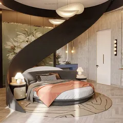 This unique bedroom design features a floating ceiling that swoops down to envelop the circular bed, creating a cozy and dramatic focal point. The room is designed to feel like a serene, artistic sanctuary.