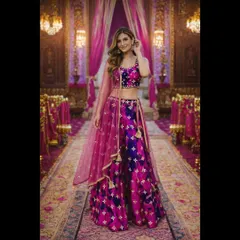 A striking full-length view of a vibrant lehenga in shades of pink and royal purple. The geometric pattern and tassel details make it a modern and fun choice for a sangeet or mehendi.