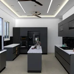 This angle showcases the kitchen's spacious layout and the effective use of vertical storage. The combination of closed cabinets and open shelving provides a balance of hidden organization and stylish display.