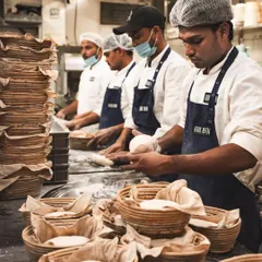Our team of bakers works in unison, shaping individual loaves. This hands-on process ensures every loaf meets our high standards for shape and texture.