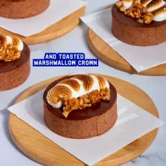 A full view of the S'mores Tart, showing the beautifully toasted marshmallow crown and crunchy hazelnut praline. It's an elegant and indulgent dessert.