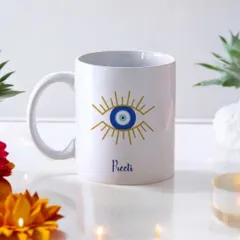 This personalized evil eye mug is a great way to wish someone well. I added the name 'Preeti' below the golden evil eye design, making it a unique and protective gift for her to use every day.