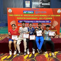 My athletes display their medals at the UP State Senior Badminton Championship in Lucknow. This includes silver in Men's Doubles and Women's Doubles, and bronze in Men's Doubles.