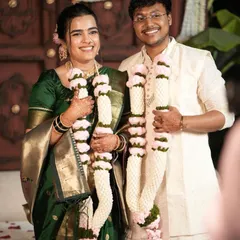 A portrait of the lovely couple with their matching forever varmalas. These crochet garlands are lightweight and durable, making them comfortable to wear throughout the ceremony and easy to display in your home afterward.