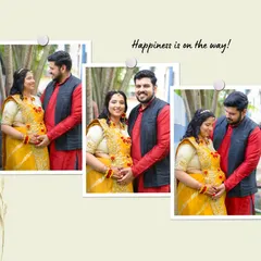 A "Happiness is on the way!" themed collage for a maternity or baby shower album, featuring a collection of sweet couple portraits.