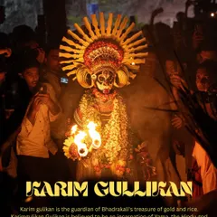 A powerful portrait of the Karim Gullikan Theyyam, known as the guardian of treasure and an incarnation of Yama, the Hindu god of death. The text overlay explains the mythology behind this formidable deity.
