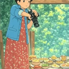 An illustration in the style of Studio Ghibli, showing a food stylist capturing a large feast. This artwork reflects my passion for creating abundant, story-rich food scenes.
