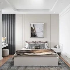 Your bedroom is your personal sanctuary. Here, I created a calm and sophisticated retreat using a balanced color palette, textured wall paneling, and soft lighting. It’s a space that feels both modern and incredibly comfortable.