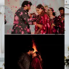 A collage of reception moments, from a celebratory toast with rose petals to a romantic kiss by a bonfire.