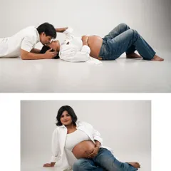 A collage showing a relaxed couple in jeans and white shirts. These casual poses create intimate and authentic portraits.