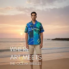 Here is my Komorebi Men's Art Shirt, captured where the ocean meets the sky. The design is inspired by the Japanese word for sunlight filtering through trees, and the vibrant blues and greens on the premium silk fabric echo the energy of the coast. It’s a piece for relaxed days and warm evenings.