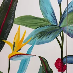 A close-up of the bird of paradise flower and other botanicals from the crockery unit mural. I love using bright, contrasting colors to make the design pop.