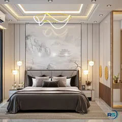 This elegant bedroom design features a large, calming piece of art as the focal point behind the bed. The room is designed with a tray ceiling, modern chandeliers, and integrated wardrobes with a dresser unit.