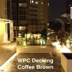 Here is a WPC (Wood Plastic Composite) decking project for a terrace, shown at night. The coffee-brown decking is completely waterproof and handles sun and rain without fading, making it ideal for Bangalore weather. The integrated lighting transforms the area into a stylish, usable space after dark.