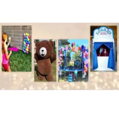 We offer a wide variety of activities to keep kids engaged. This collage shows some of our most popular options: an exciting balloon shooting game, a friendly teddy bear mascot for meet-and-greets, and a classic puppet show theatre for storytelling fun.