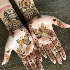 For this engagement mehndi, I wove the couple's story into the design, featuring landmarks from London where their journey began. The delicate butterflies symbolize their transformation, creating a piece that is both minimal and deeply personal.