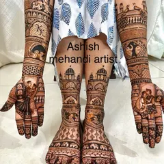 I provide complete bridal mehandi packages, covering both hands and feet with matching intricate designs. This full set features traditional Rajasthani motifs for a classic wedding look.