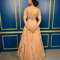 The back view of the organza lehenga set, showing the sheer embroidered sleeves and the elegant keyhole back design.